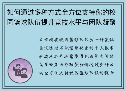 如何通过多种方式全方位支持你的校园篮球队伍提升竞技水平与团队凝聚力